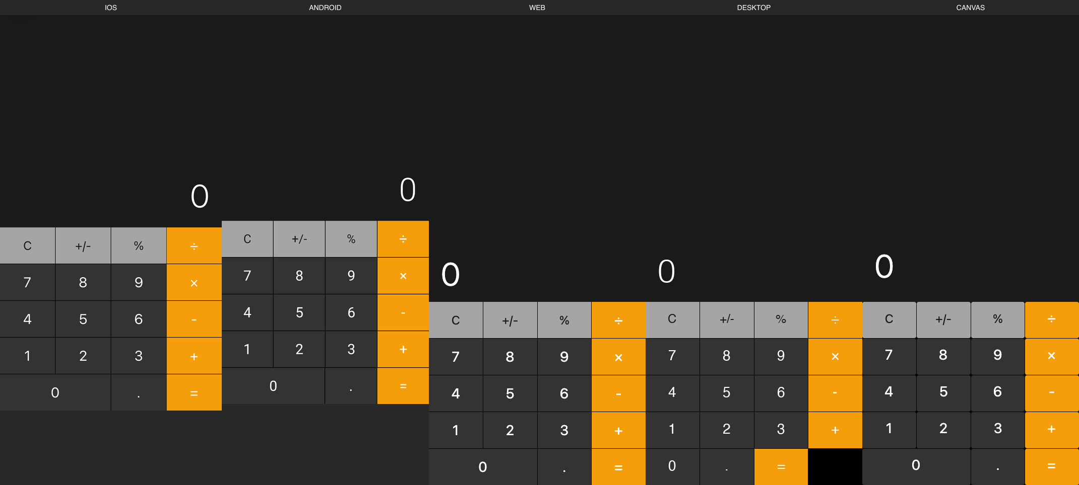 Calculator rendered on iOS, Android, Web, Desktop, Canvas