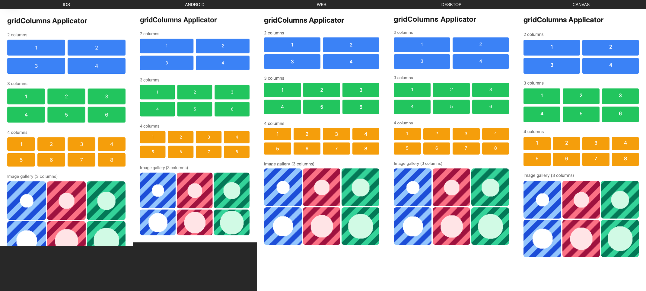 gridColumns rendered on iOS, Android, Web, Desktop, Canvas