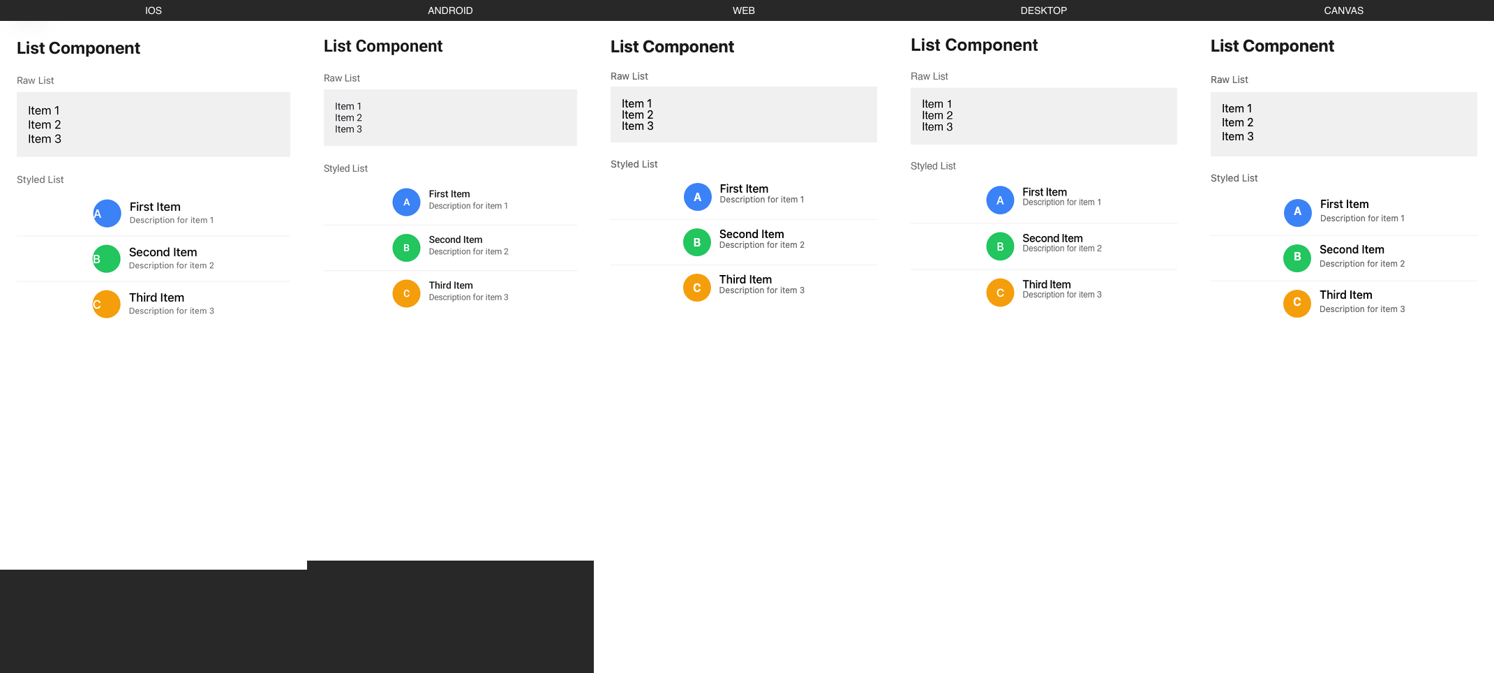 List rendered on iOS, Android, Web, Desktop, Canvas