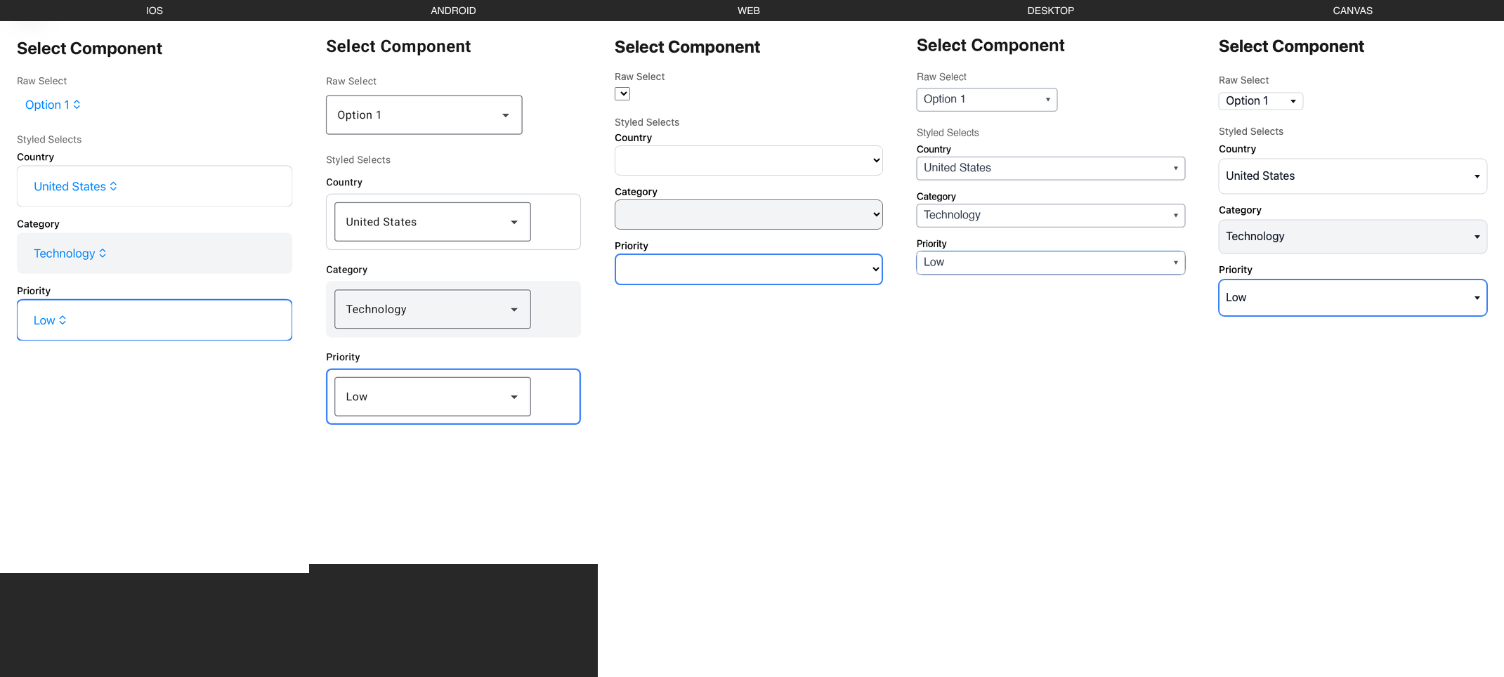 Select rendered on iOS, Android, Web, Desktop, Canvas