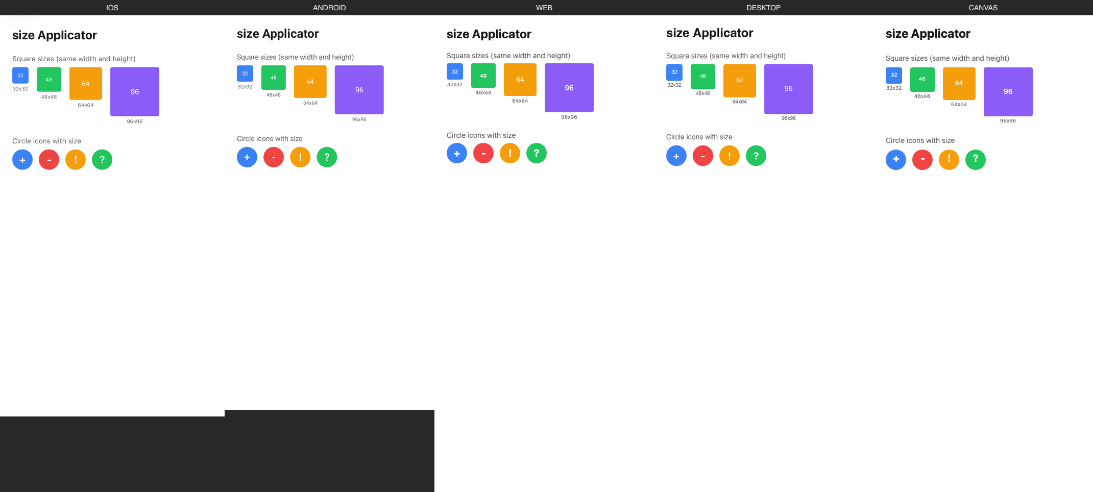size rendered on iOS, Android, Web, Desktop, Canvas