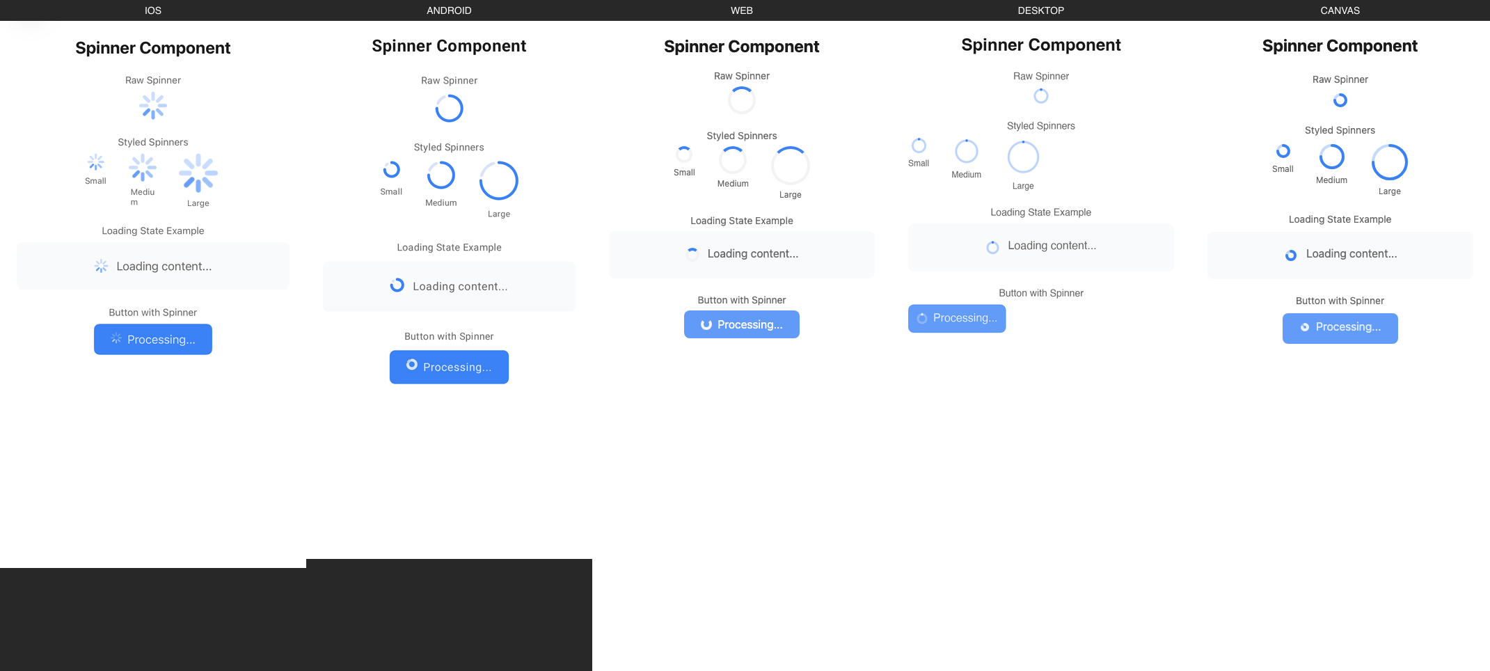 Spinner rendered on iOS, Android, Web, Desktop, Canvas