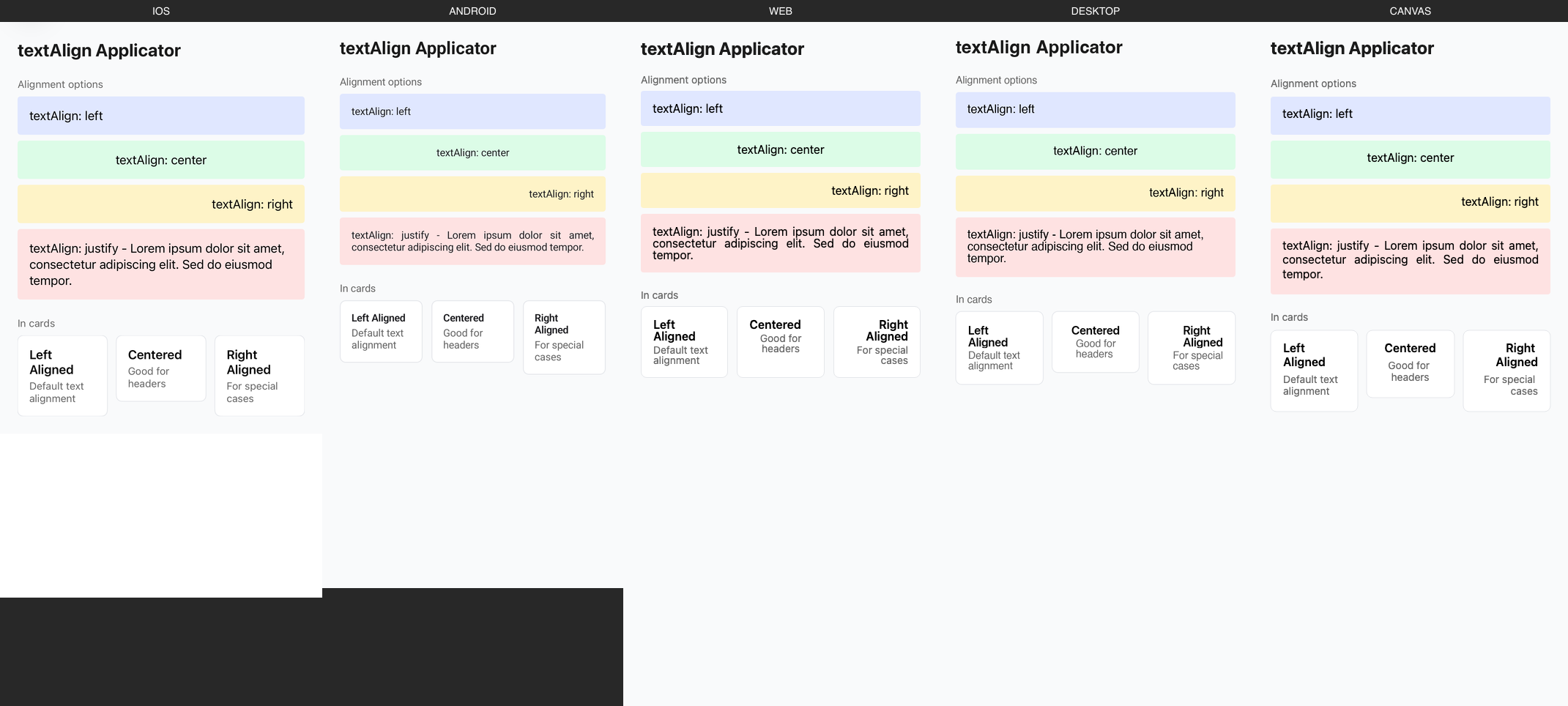 textAlign rendered on iOS, Android, Web, Desktop, Canvas