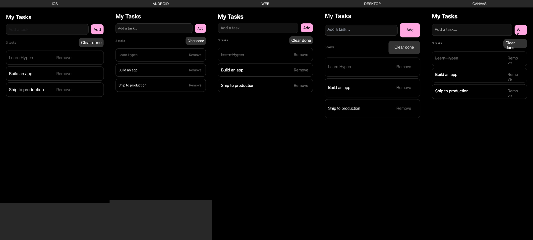 Todo rendered on iOS, Android, Web, Desktop, Canvas